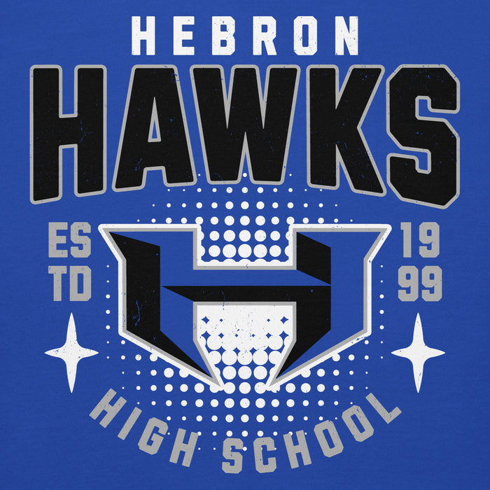 Close-up view of Hebron High School Hawks Royal Blue Premium Unisex Hoodie 204