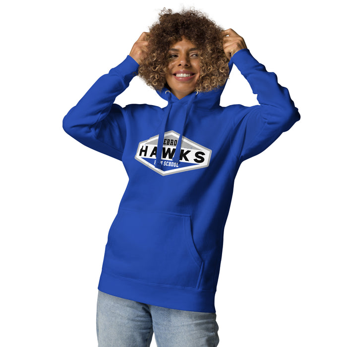 Woman wearing Hebron High School Hawks Royal Blue Premium Unisex Hoodie 009