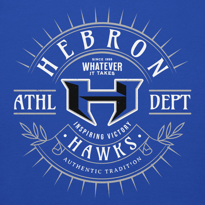 Close-up view of Hebron High School Hawks Royal Blue Premium Unisex Hoodie 201