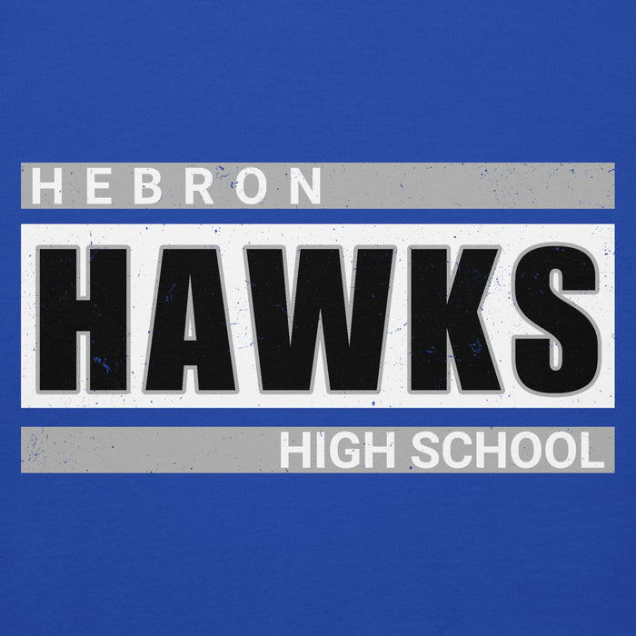 Close-up view of Hebron High School Hawks Royal Blue Premium Unisex Hoodie 098