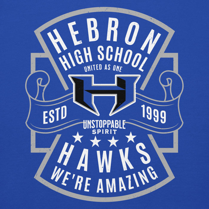 Close-up view of Hebron High School Hawks Royal Blue Premium Unisex Hoodie 207