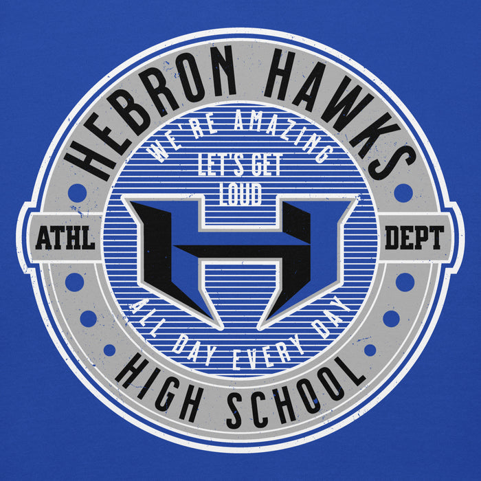Close-up view of Hebron High School Hawks Royal Blue Premium Unisex Hoodie 224