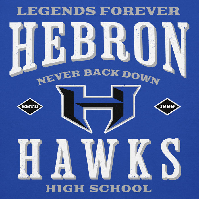Close-up view of Hebron High School Hawks Royal Blue Premium Unisex Hoodie 230