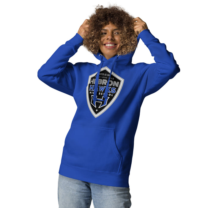 Woman wearing Hebron High School Hawks Royal Blue Premium Unisex Hoodie 225