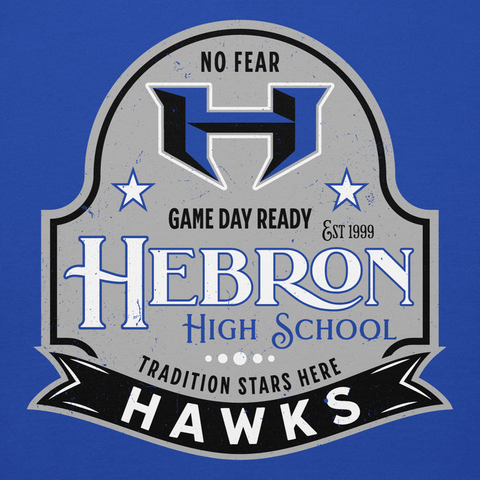 Close-up view of Hebron High School Hawks Royal Blue Premium Unisex Hoodie 219