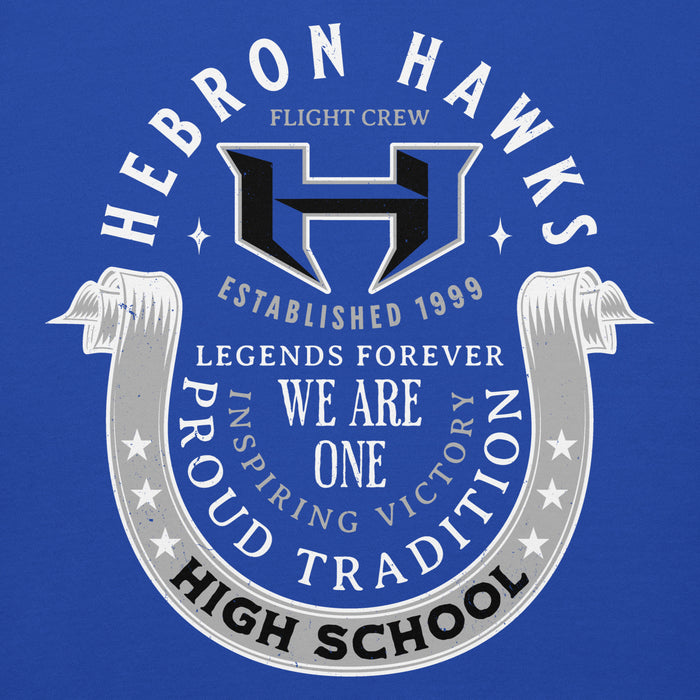 Close-up view of Hebron High School Hawks Royal Blue Premium Unisex Hoodie 229