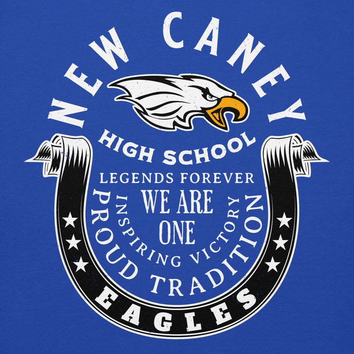 Close-up view of New Caney High School Eagles Royal Blue Premium Unisex Hoodie 229