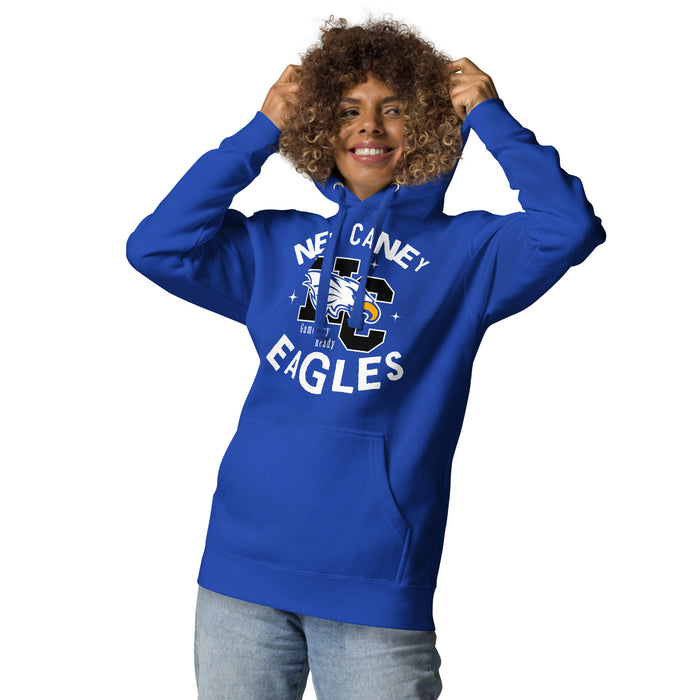 Woman wearing New Caney High School Eagles Royal Blue Premium Unisex Hoodie 228