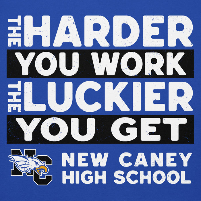 Close-up view of New Caney High School Eagles Royal Blue Premium Unisex Hoodie 238