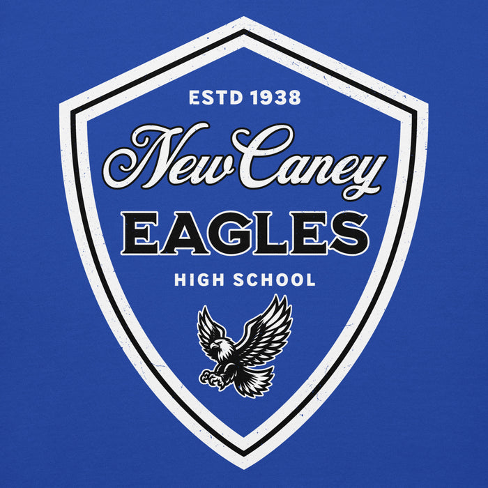 Close-up view of New Caney High School Eagles Royal Blue Premium Unisex Hoodie 225