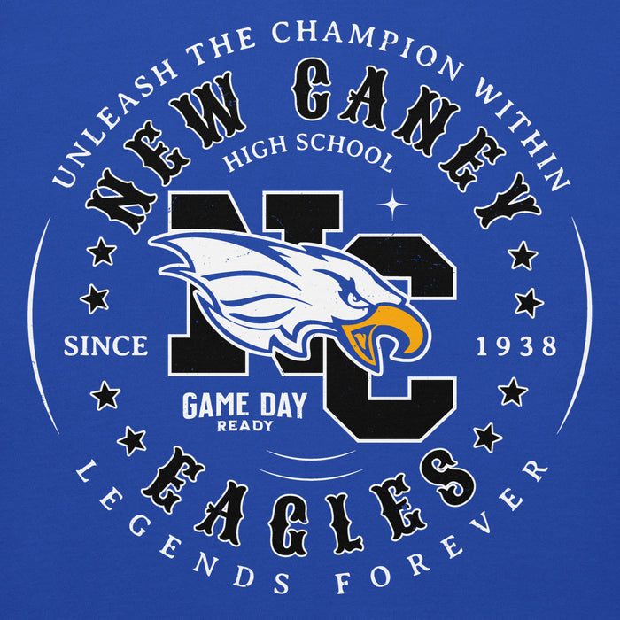 Close-up view of New Caney High School Eagles Royal Blue Premium Unisex Hoodie 214
