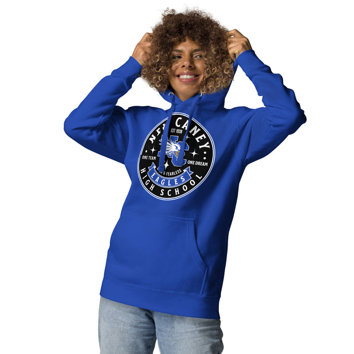 Woman wearing New Caney High School Eagles Royal Blue Premium Unisex Hoodie 215