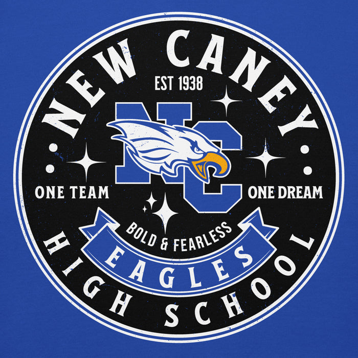 Close-up view of New Caney High School Eagles Royal Blue Premium Unisex Hoodie 215