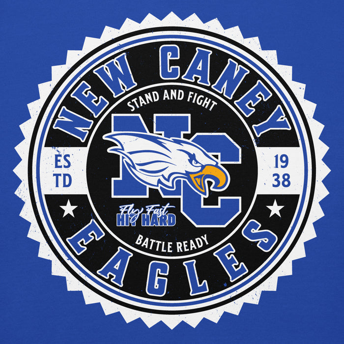 Close-up view of New Caney High School Eagles Royal Blue Premium Unisex Hoodie 203