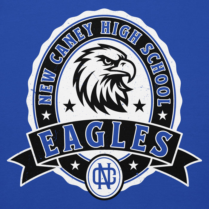 Close-up view of New Caney High School Eagles Royal Blue Premium Unisex Hoodie 212