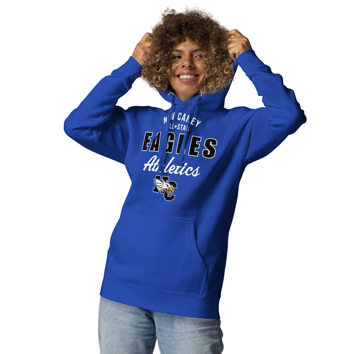 Woman wearing wearing New Caney High School Eagles Royal Blue Premium Unisex Hoodie 034
