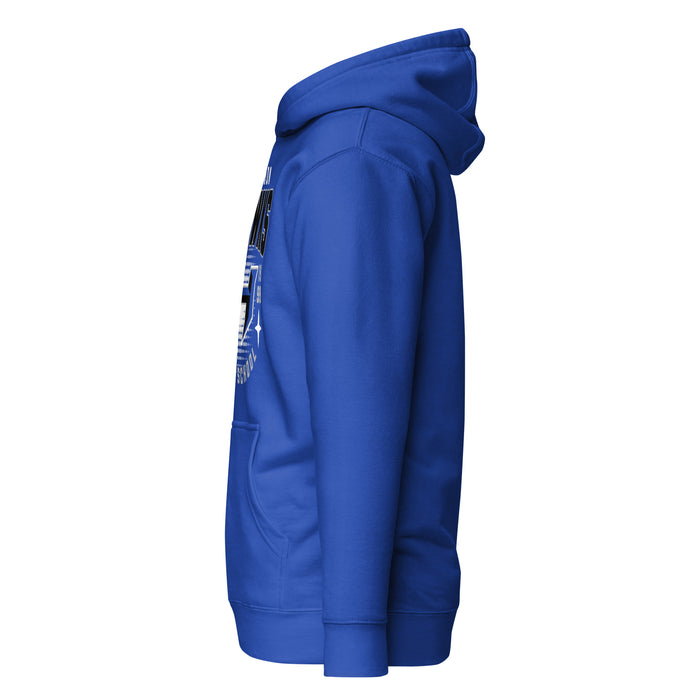 Side view of Hebron High School Hawks Royal Blue Premium Unisex Hoodie 204