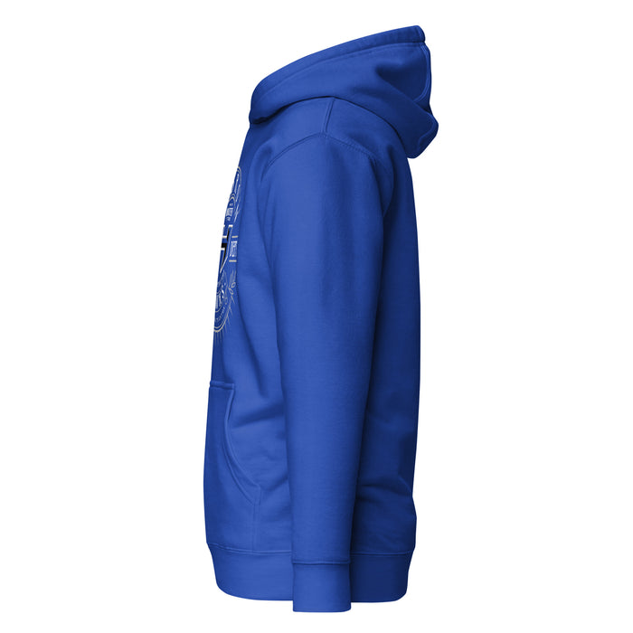 Side view of Hebron High School Hawks Royal Blue Premium Unisex Hoodie 201