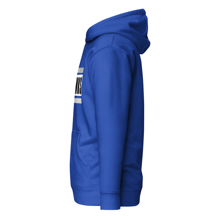 Side view of Hebron High School Hawks Royal Blue Premium Unisex Hoodie 098