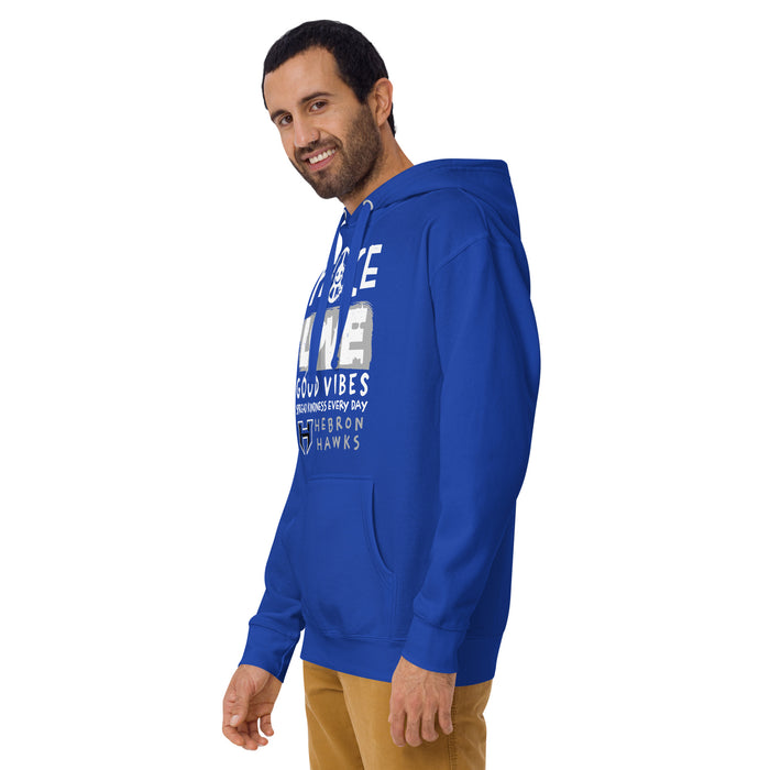 Man wearing Hebron High School Hawks Royal Blue Premium Unisex Hoodie 240