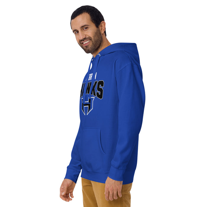Man wearing Hebron High School Hawks Royal Blue Premium Unisex Hoodie 234