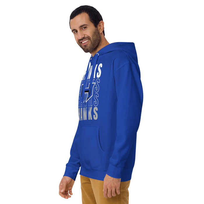 Man wearing Hebron High School Hawks Royal Blue Premium Unisex Hoodie 233