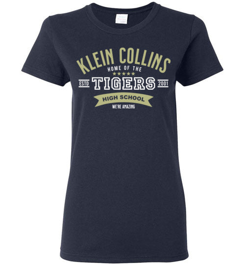 Woman wearing a Klein Collins High School Tigers Navy Women's T-shirt 96