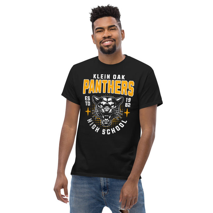 Man wearing a Klein Oak High School Panthers Classic Unisex Black T-shirt 217