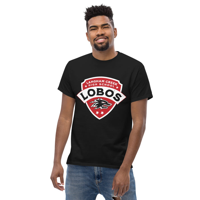 Man wearing Langham Creek High School Lobos Black Classic Unisex T-shirt 221