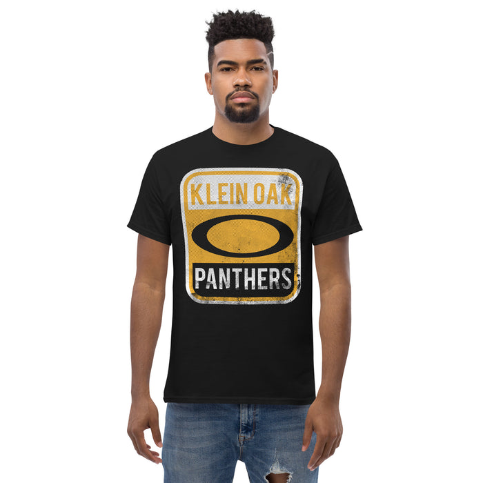 Man wearing a Klein Oak High School Panthers Classic Unisex Black T-shirt 01