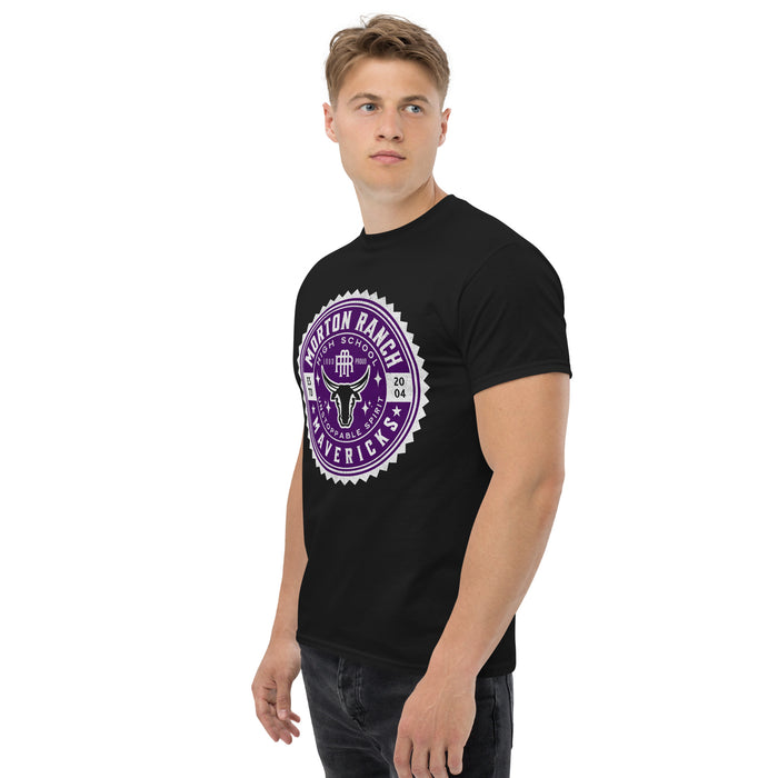 Man wearing a Morton Ranch High School Mavericks Classic Unisex Black T-shirt 213a