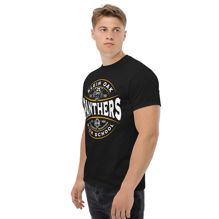 Man wearing a Klein Oak High School Panthers Classic Unisex Black T-shirt 203a