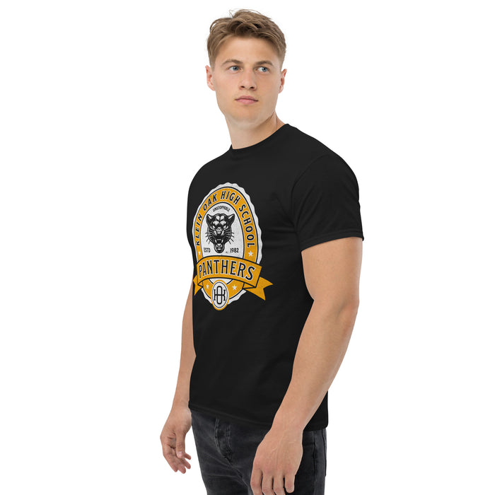 Man wearing a Klein Oak High School Panthers Classic Unisex Black T-shirt 209a