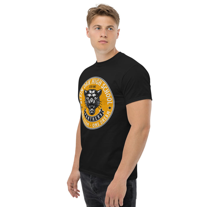 Man wearing a Klein Oak High School Panthers Classic Unisex Black T-shirt 218a