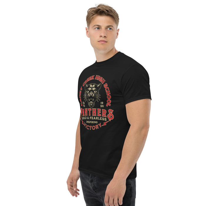 Man wearing Caney Creek High School Panthers Black Classic Unisex T-shirt 206a