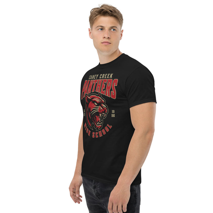 Man wearing Caney Creek High School Panthers Black Classic Unisex T-shirt 211a