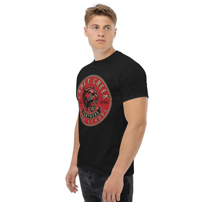 Man wearing Caney Creek High School Panthers Black Classic Unisex T-shirt 215a