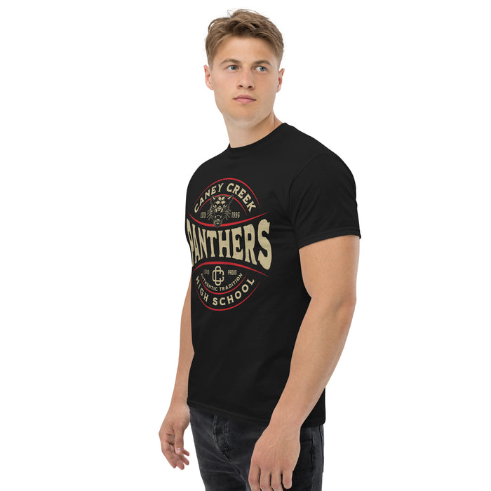 Man wearing Caney Creek High School Panthers Black Classic Unisex T-shirt 218a