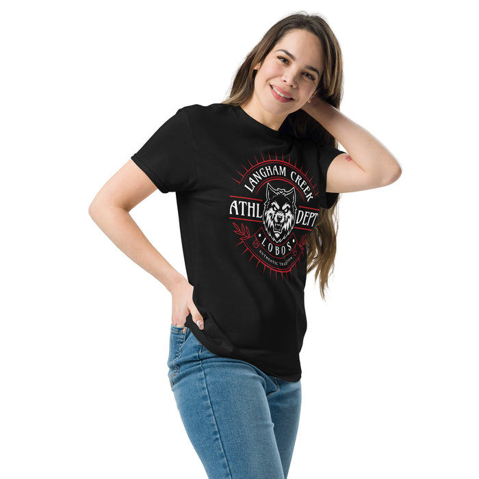 Woman wearing Langham Creek High School Lobos Black Classic Unisex T-shirt 201