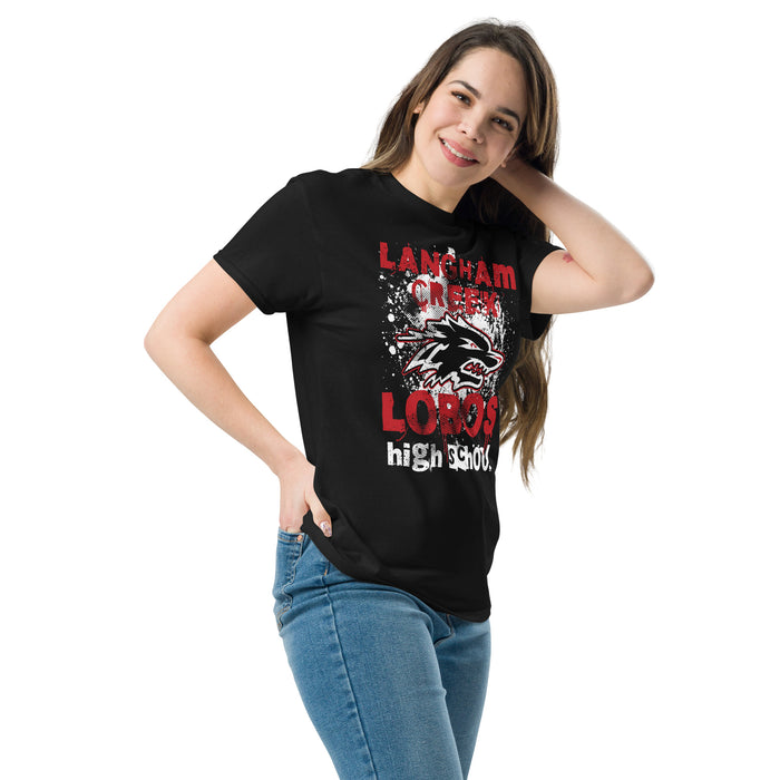 Woman wearing Langham Creek High School Lobos Black Classic Unisex T-shirt 205