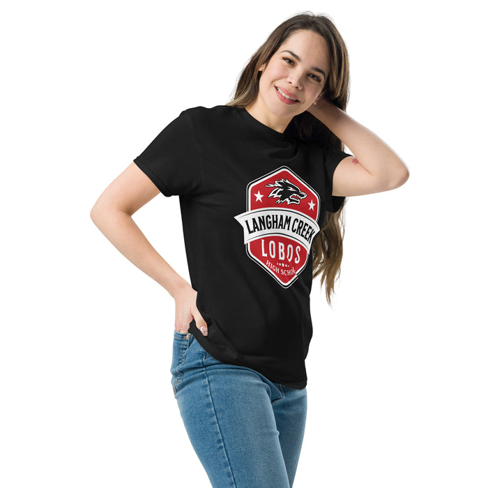 Woman wearing Langham Creek High School Lobos Black Classic Unisex T-shirt 209