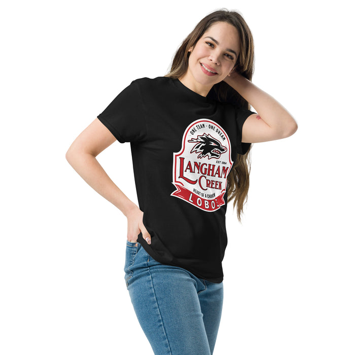 Woman wearing Langham Creek High School Lobos Black Classic Unisex T-shirt 219