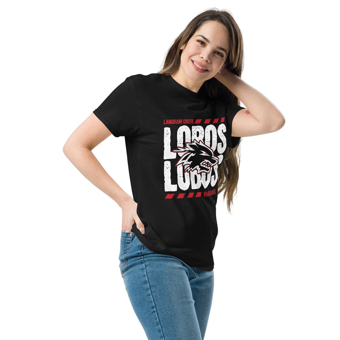 Woman wearing Langham Creek High School Lobos Black Classic Unisex T-shirt 223