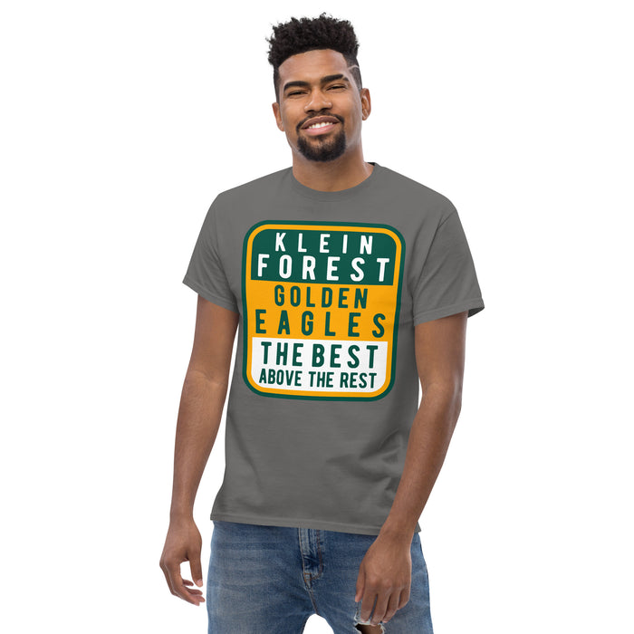 Man wearing a Klein Forest Golden Eagles Classic Unisex Charcoal T-shirt 01