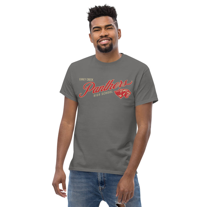 Man wearing Caney Creek High School Panthers Charcoal Classic Unisex T-shirt 223