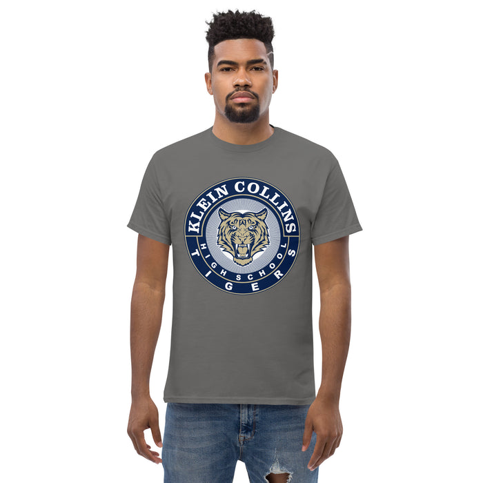 Man wearing a Klein Collins High School Tigers Classic Unisex Charcoal T-shirt 02