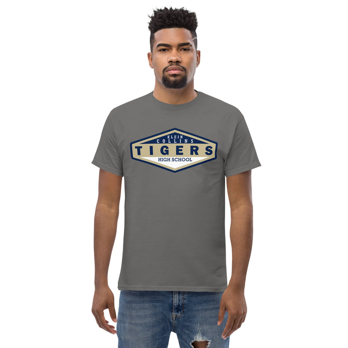 Man wearing a Klein Collins High School Tigers Classic Unisex Charcoal T-shirt 09