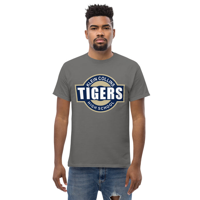 Man wearing a Klein Collins High School Tigers Classic Unisex Charcoal T-shirt 11