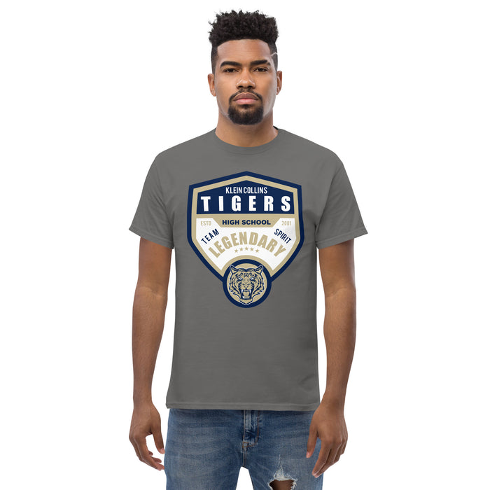 Man wearing a Klein Collins High School Tigers Classic Unisex Charcoal T-shirt 14