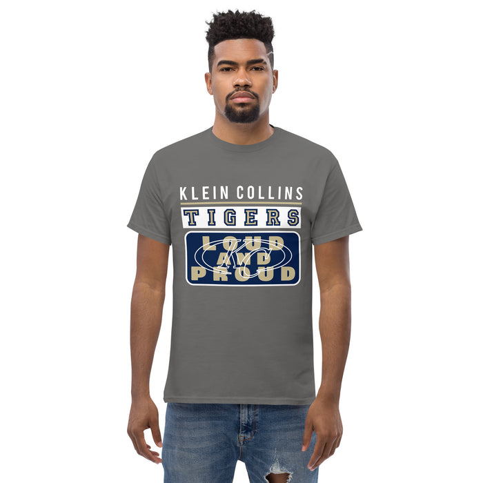 Man wearing a Klein Collins High School Tigers Classic Unisex Charcoal T-shirt 86